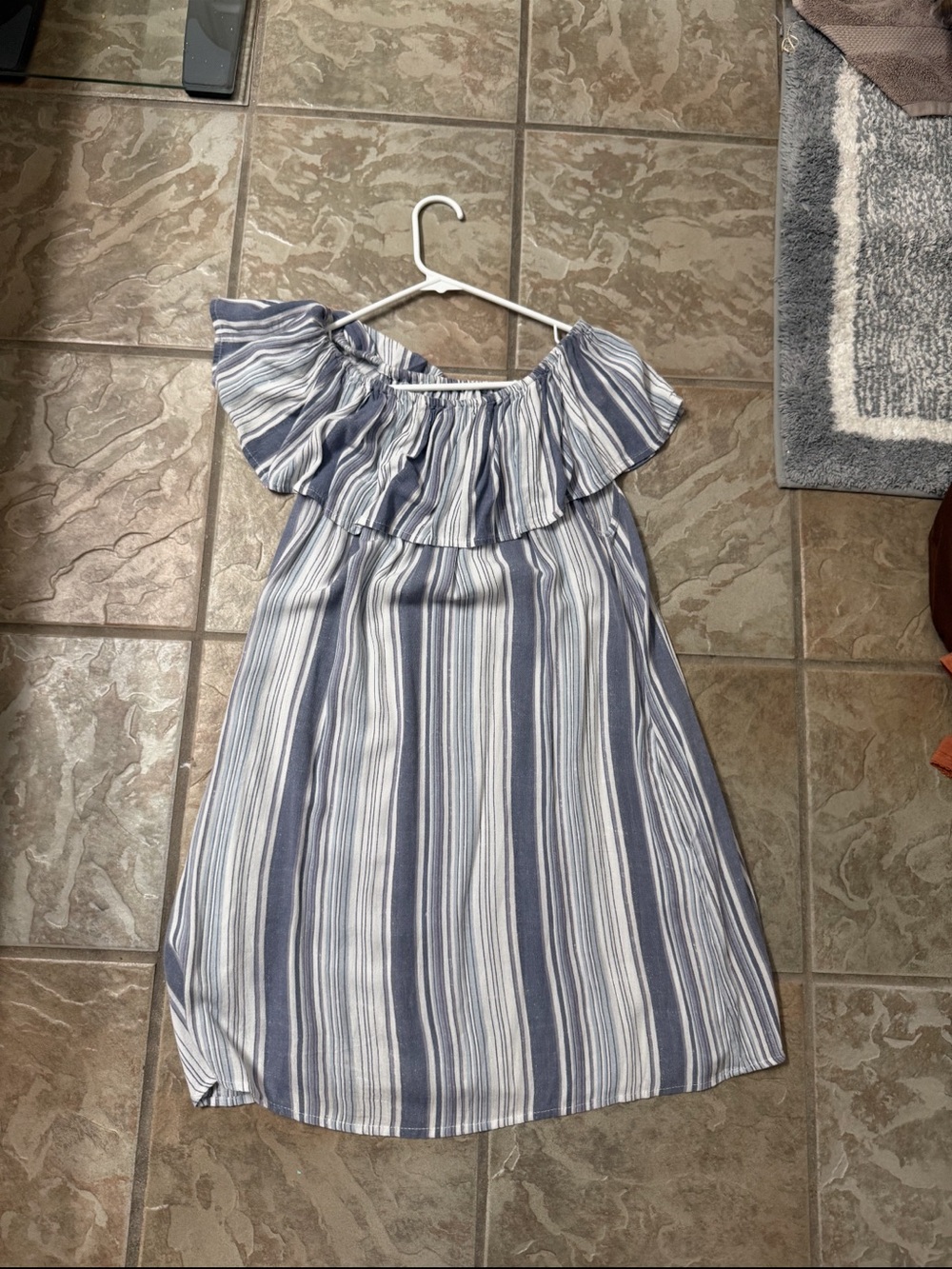 Vanilla Star Blue and White Striped Off-Shoulder Dress